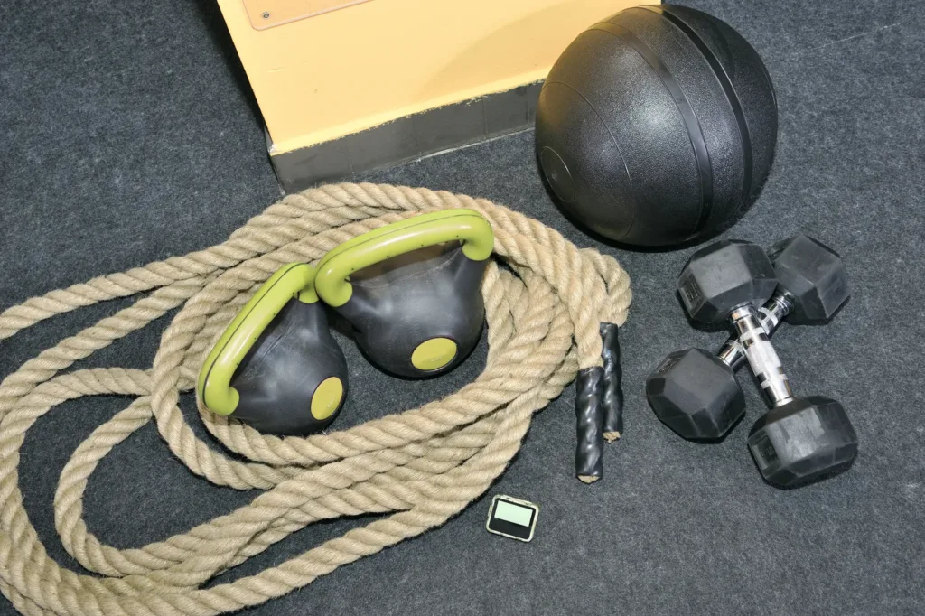 Trainingsequipment mit Tau, Kettlebell, Kurzhantel und Ball