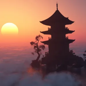 Silhouette eines Pavillons vor der untergehenden Sonne